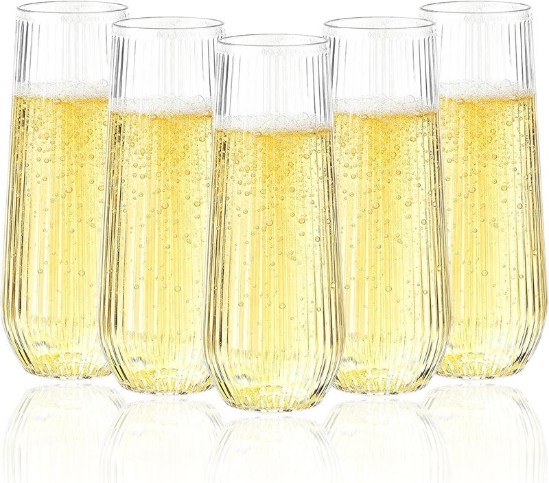Goodluck 24pack Clear Disposable Champagne Flutes，9oz Stemless Champagne Flutes,Stemless Disposable Clear Plastic Toasting Glasses for Weddings, Birthday Parties, Family Gatherings, Bars etc - Image 1